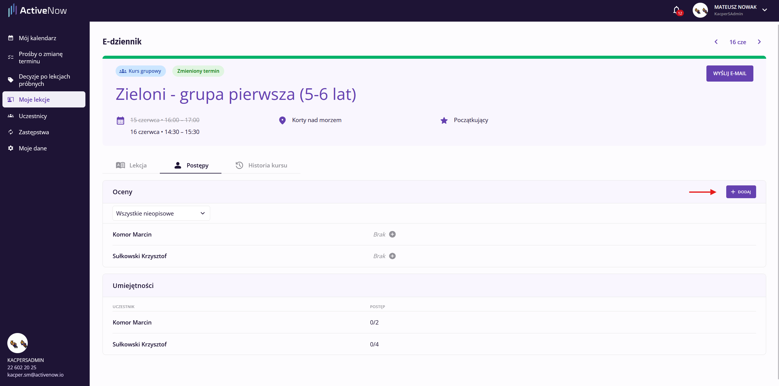 Zakładka Postępy w e-dzienniku z sekcją ocen i przyciskiem Nowa ocena
